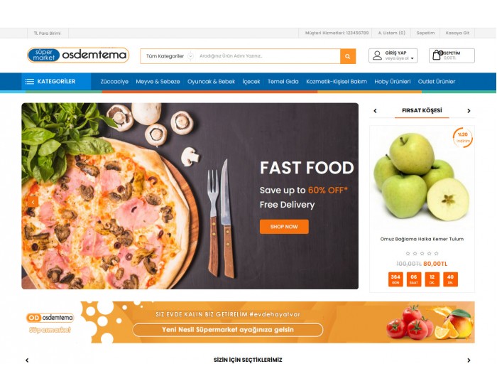 Opencart Süpermarket ve Gıda ürünleri satış Full E-ticaret Hazır Site Paketi